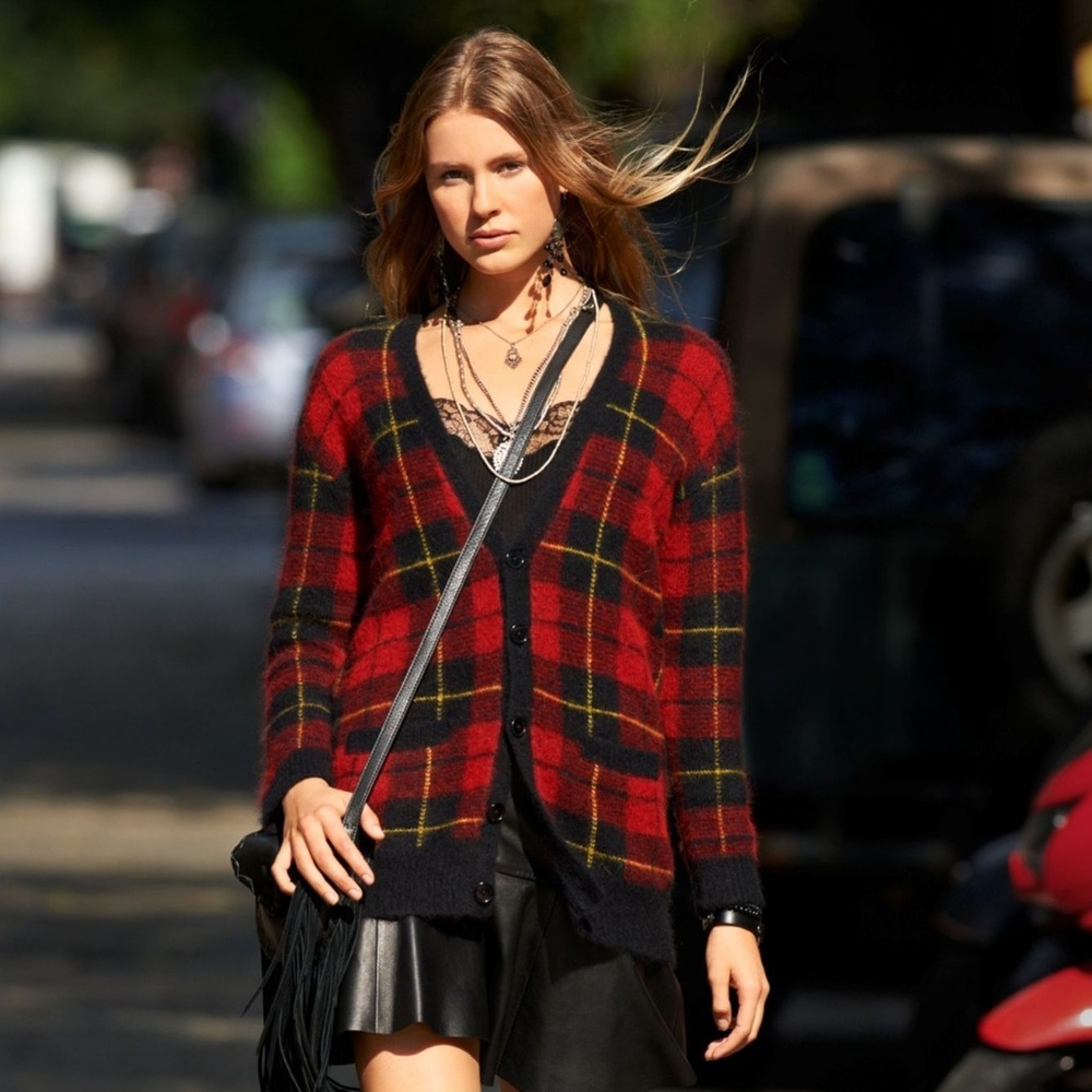POLO RALPH LAUREN WOOL PLAID BOYFRIEND CARDIGAN